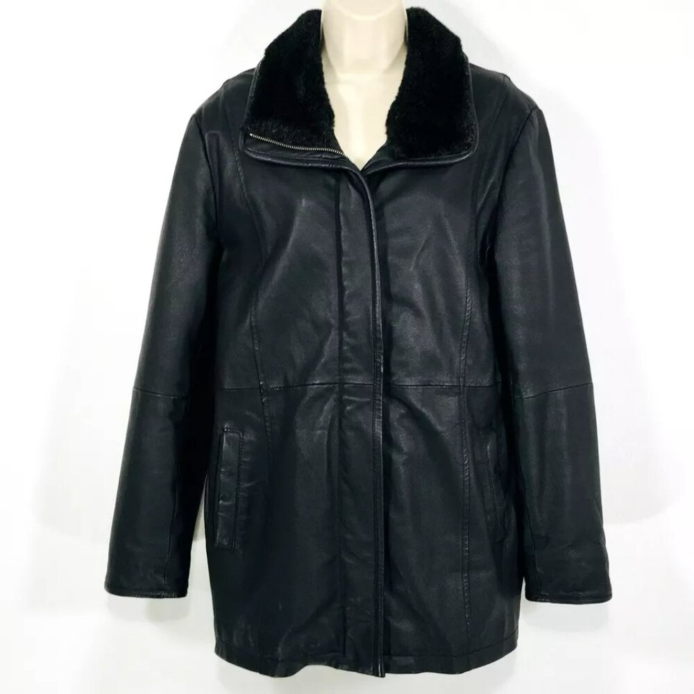 Wallis Black Pebble Leather Jacket Coat Sz 12 Full Zip Faux Fur Collar Pockets